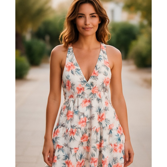 Madden NYC Floral Dress Womens XXL Ivory Deep V Smocked Waist Flirty Beachy - Picture 1 of 13